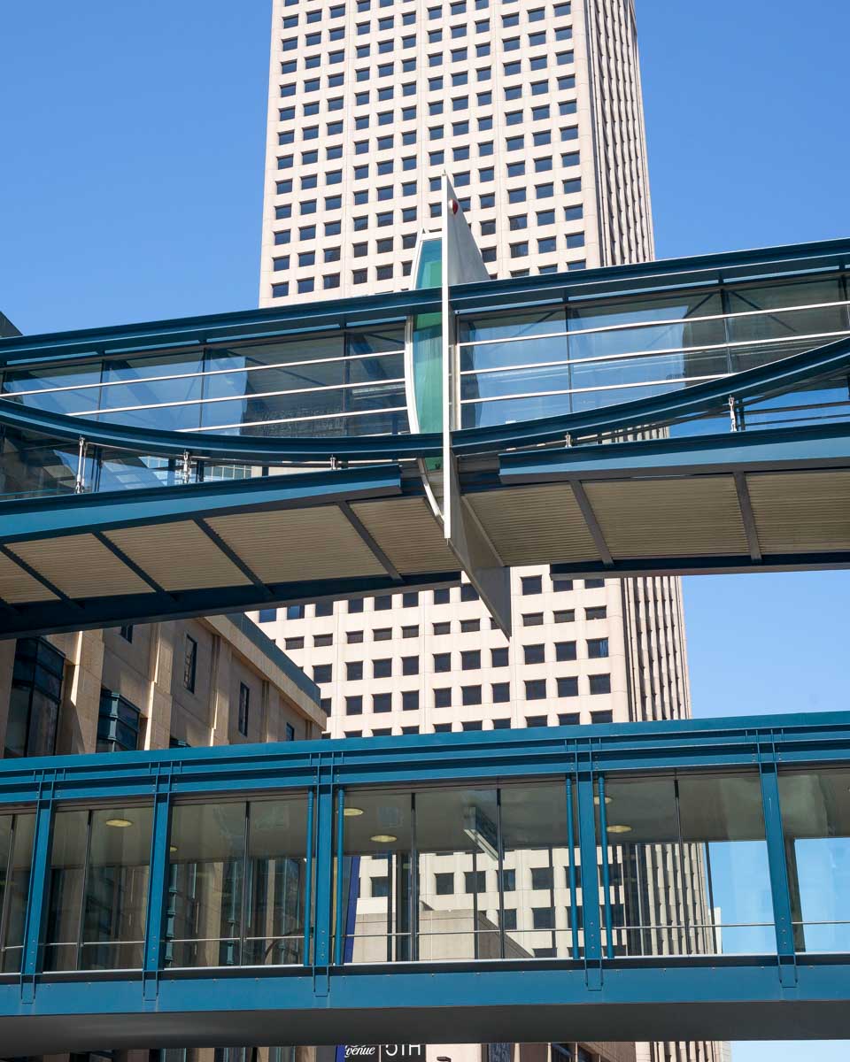 Skywalks seen on a historic walking tour of Minneapolis Minnesota