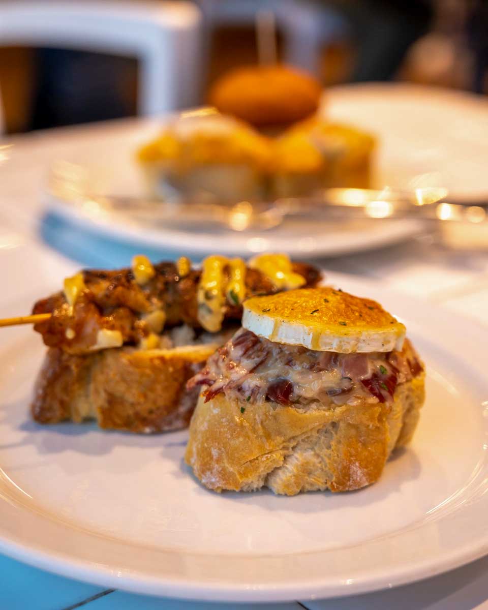 Some Basque pintxos eaten n a food tour in San Sebastian Spain