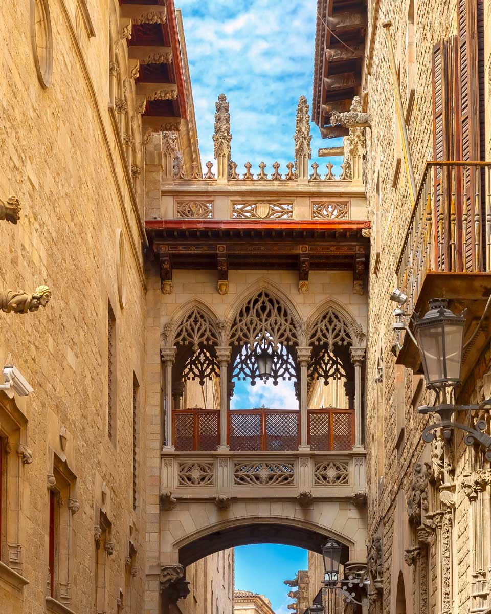 The Carrer del Bisbe in Barcelona Gothic quarter, Spain