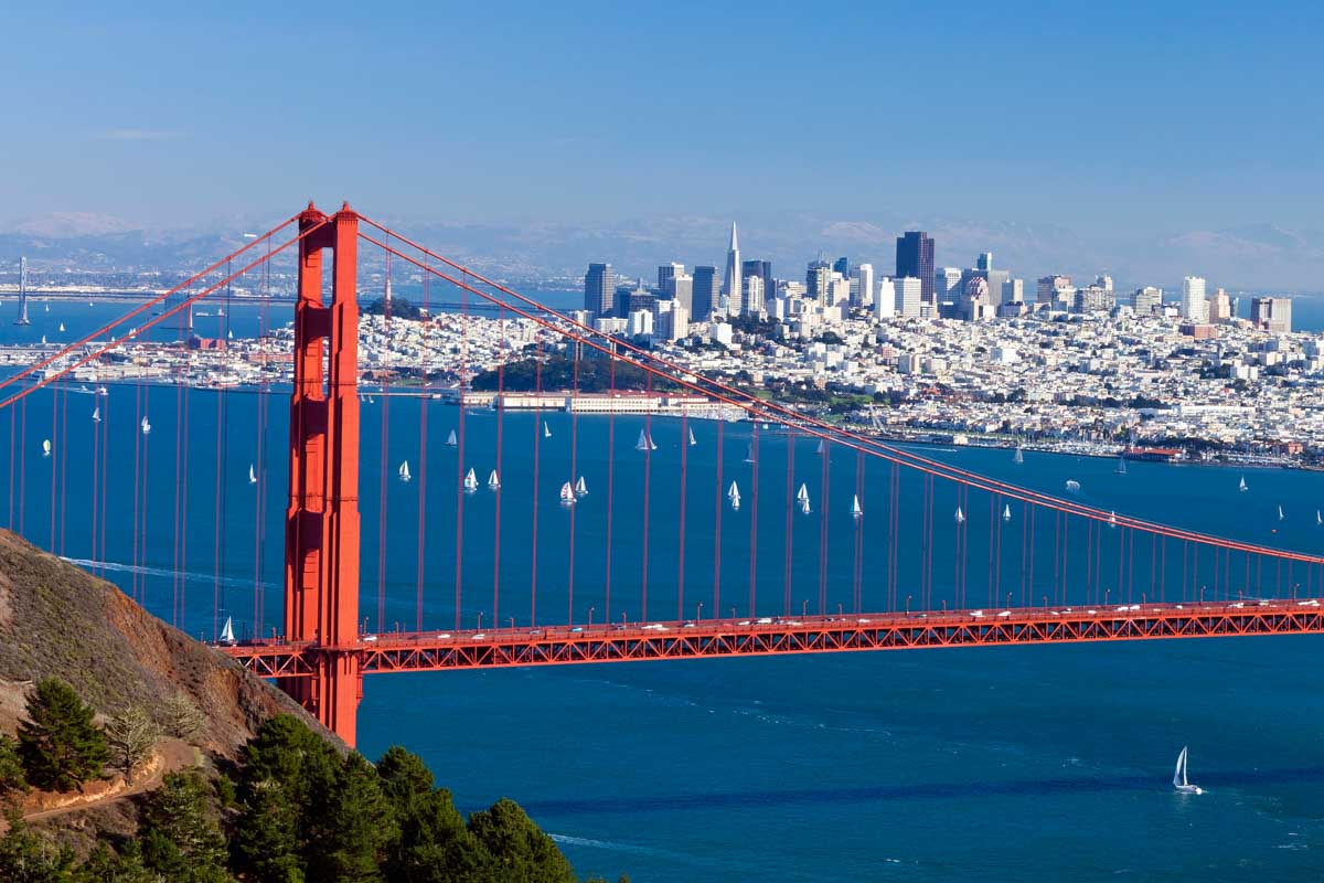The Golden Gate Bridge and San Francisco City skyline in San Franscico California