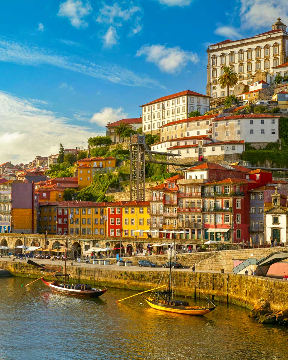 The Ribeira neighborhood seen at sunset in Porto Portugal