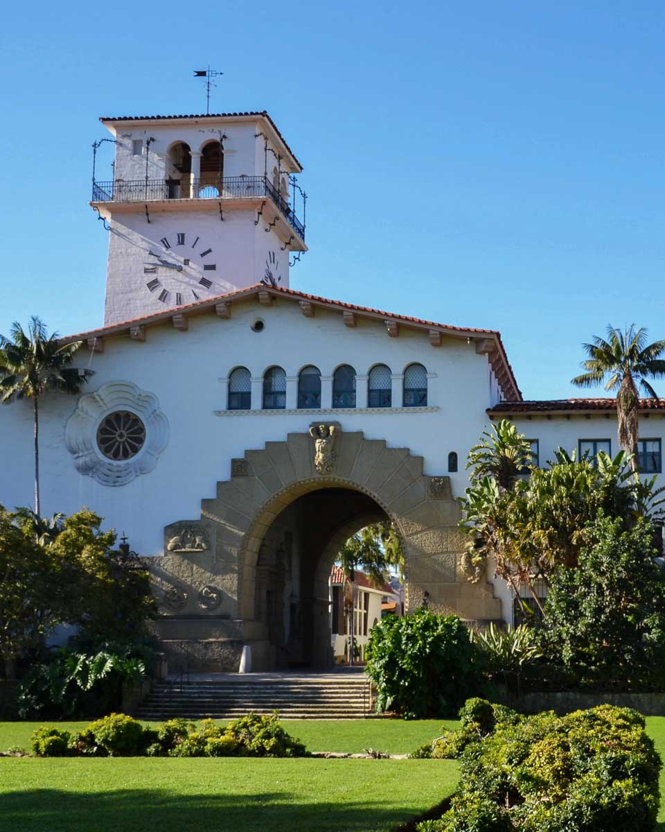 The Santa Barbara Courthouse seen on an ebike tour in Santa Barbara California