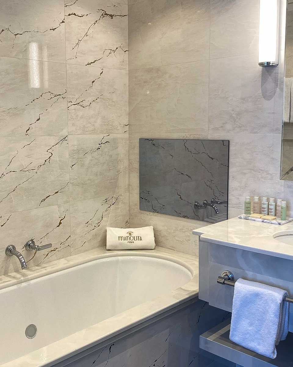 The marble bathroom at the Manolita hotel in Paris