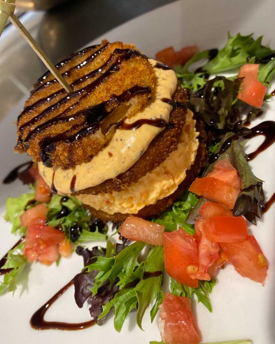 Toast All Day fried green tomatoes benedict in Savannah Georgia