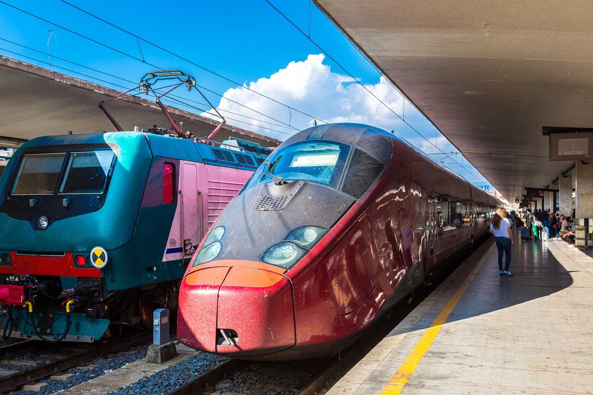 Two trains at the Santa Maria Novella station in Florence Italy