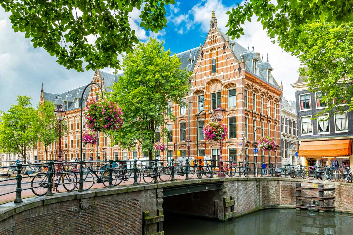 Typical canal side cityscape of Amsterdam Netherlands