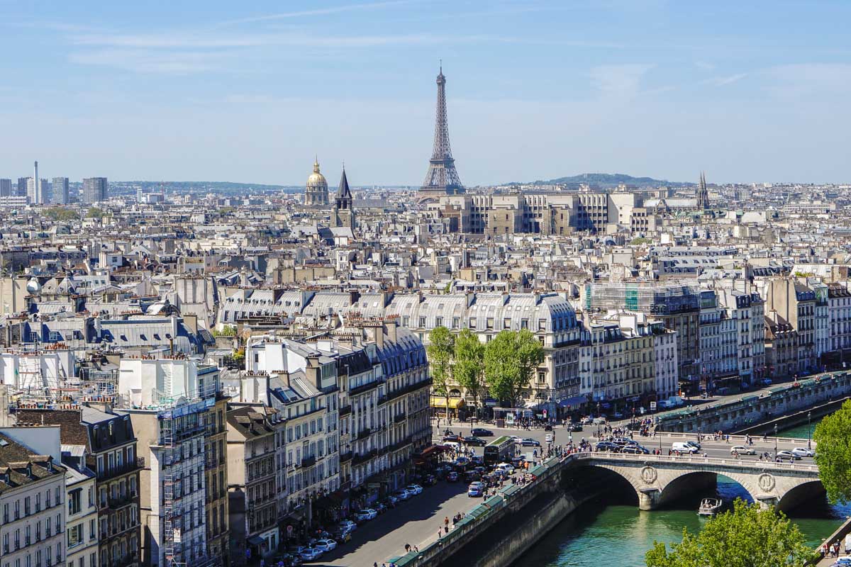 View of Paris and the Eiffel tower from a hotel room window