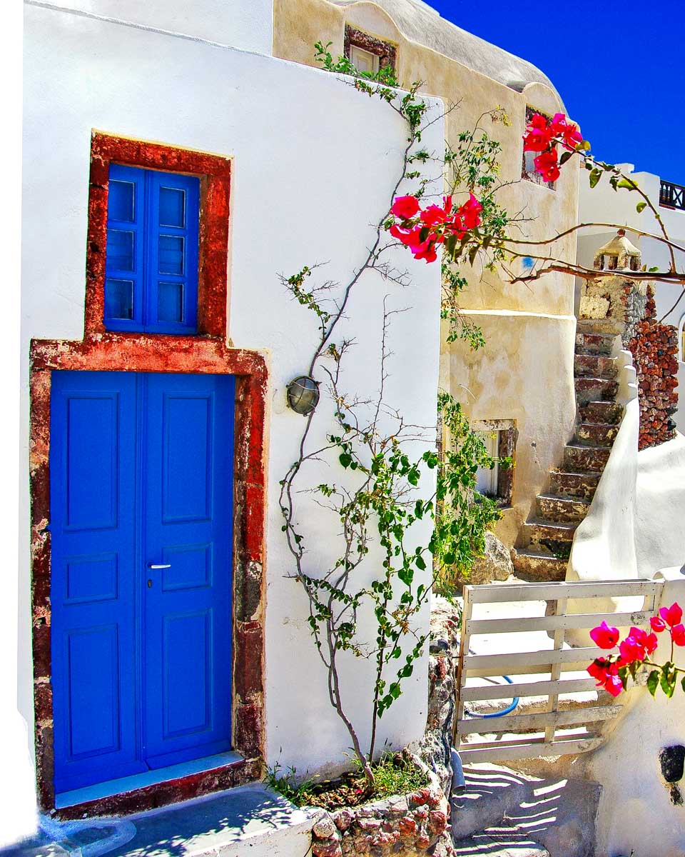 A blue door in Oia on Santorini Greece