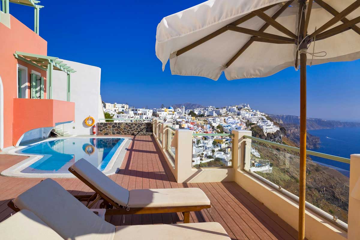 A hotel with pool in Santorini Greece