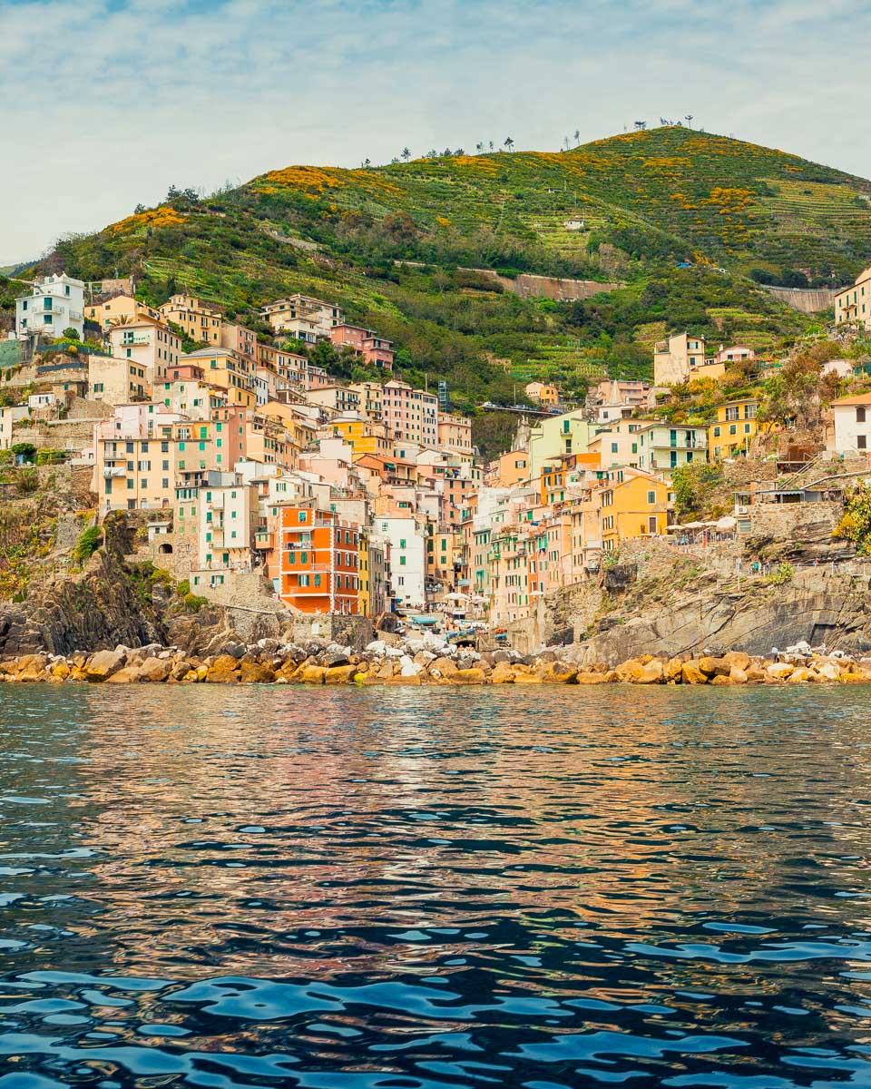 Cinque Terre seen from the water on a boat tour from Monterosso Italy