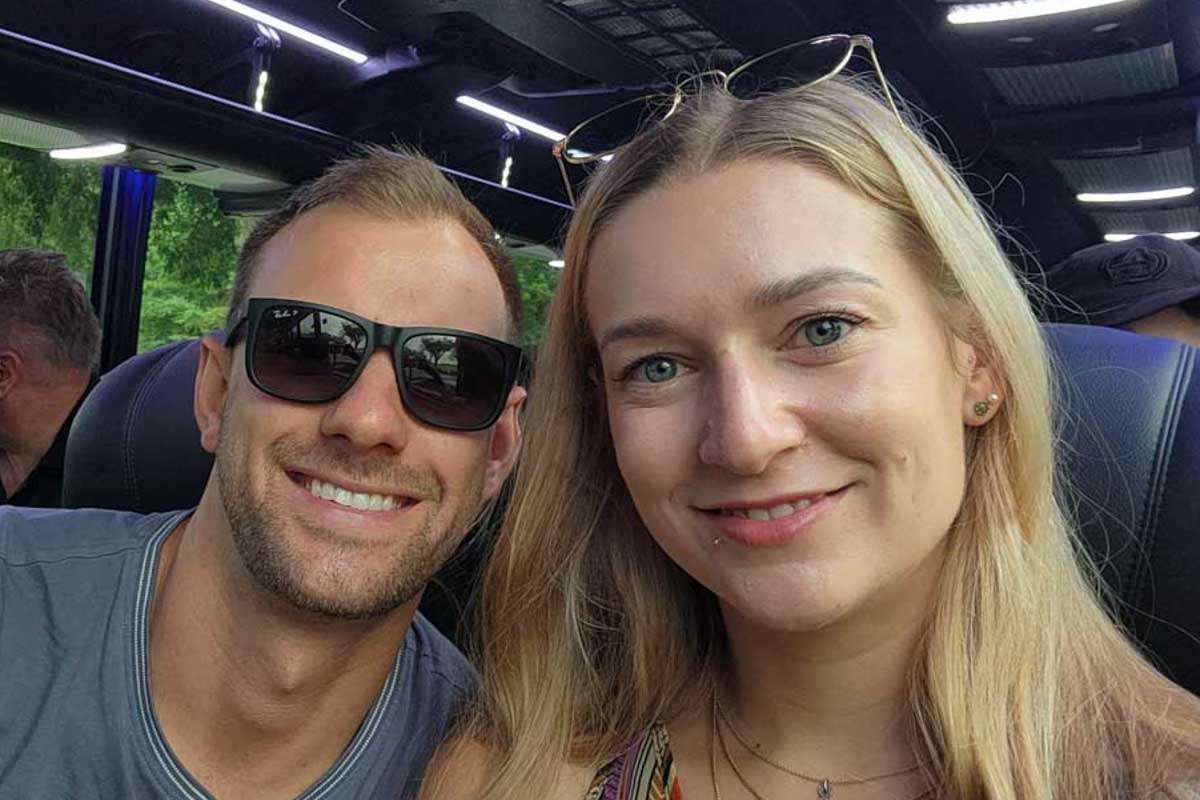 Daniel-and-Bailey-take-a-selfie-while-on-a-bus during a tour of Tuscany from Florence Italy