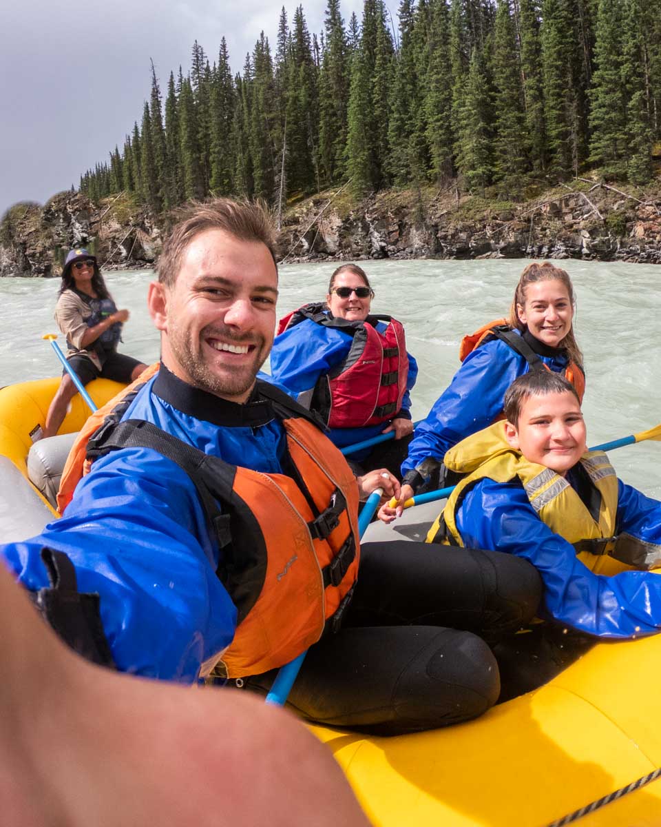 Daniel-takes-a-selfie-while-white-water-rafting-on the Kananaskis River near Banff Canada