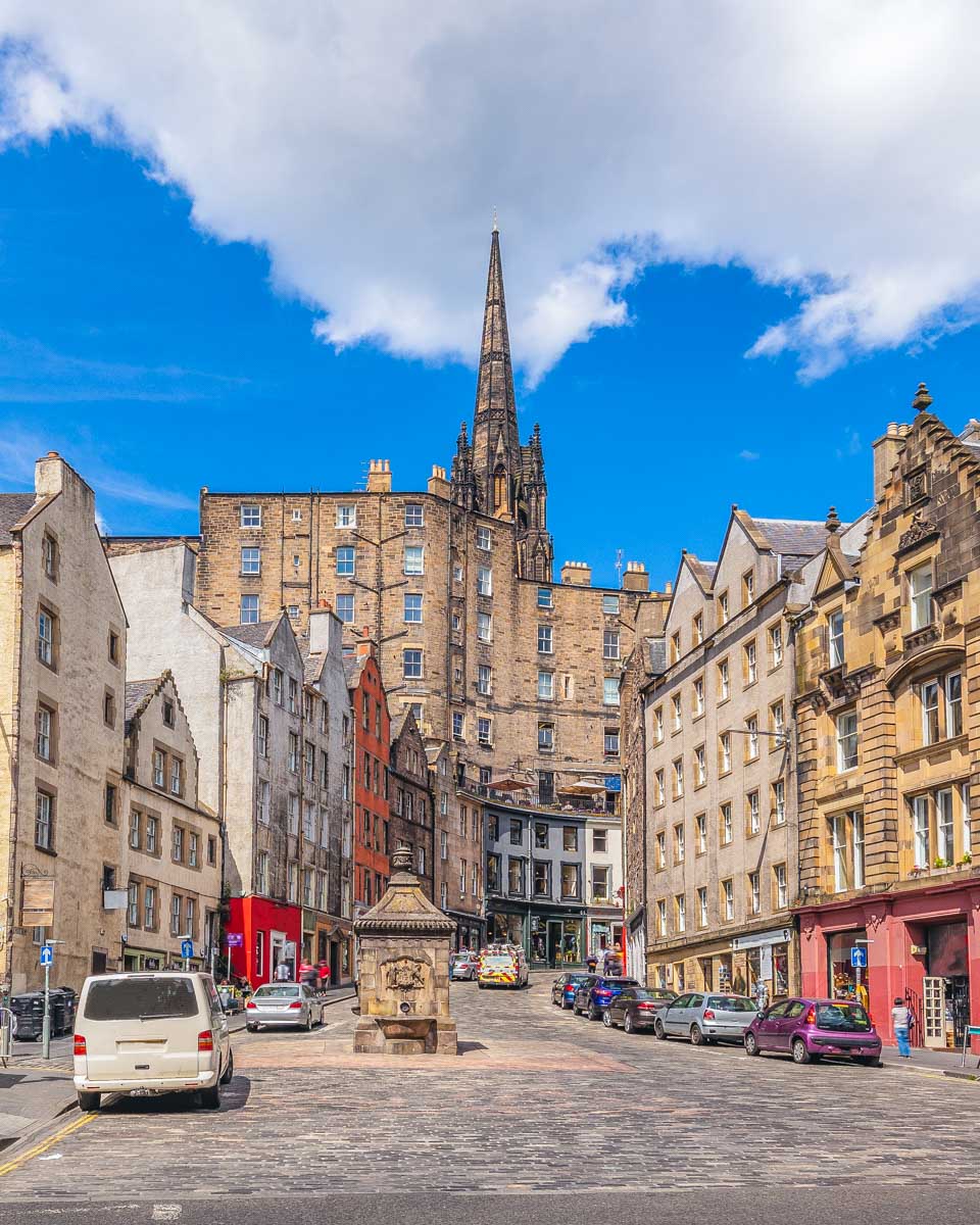 Grassmarket the Victoria Street in Edinburgh Scotland with a view of the castle