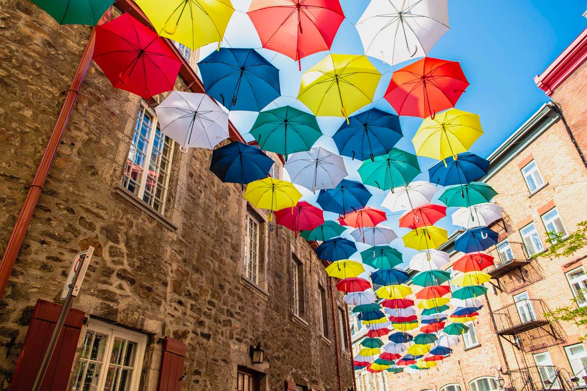 Lot of Umbrellas in Petit Champlain street Quebec City Montreal Canada
