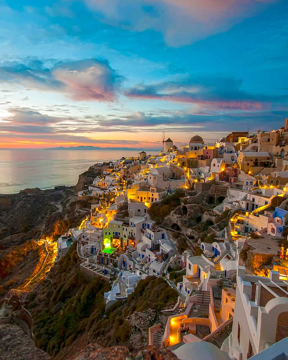 Oia at sunset in Santorini Greece