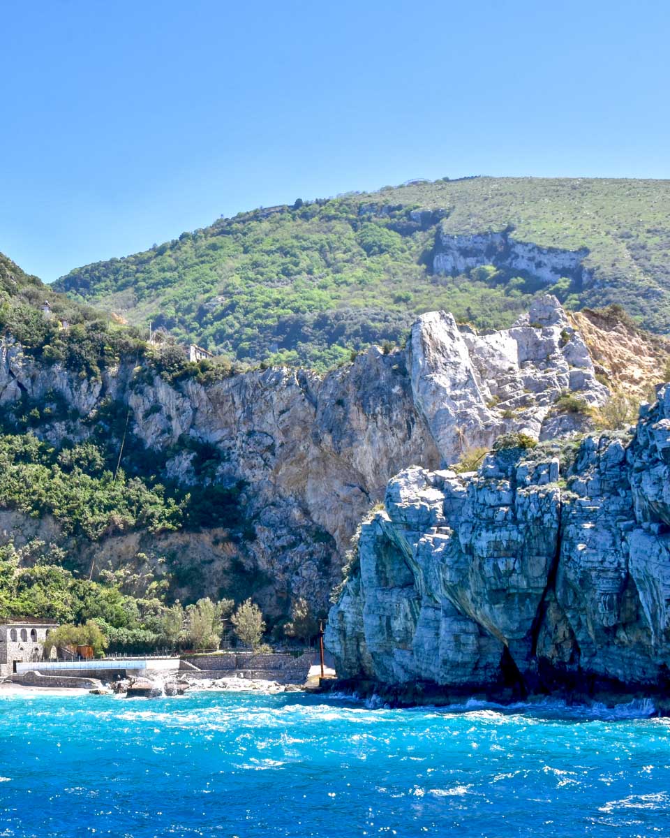 The landscape seen on a boat tour of the Amalfi Coast from Positano Italy