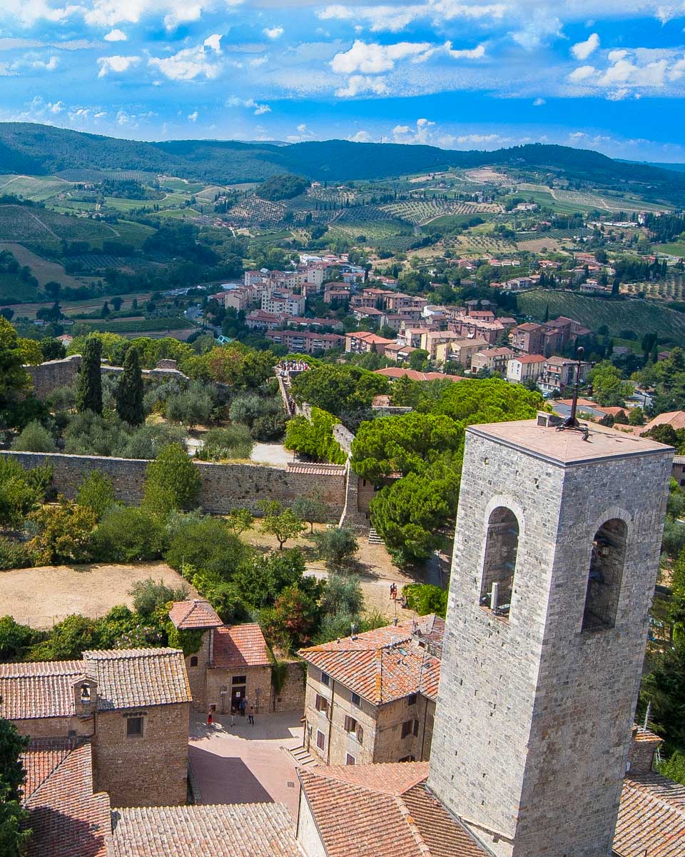 The view of San Gimignano from Torre Grossa tower on a tour of Tuscany from Florence Italy