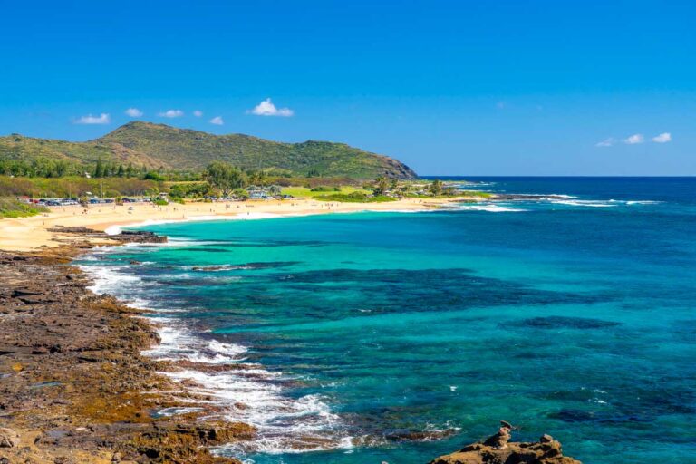 View down the Sandy Beach Park coastline near Waikiki on Oahu Hawaii