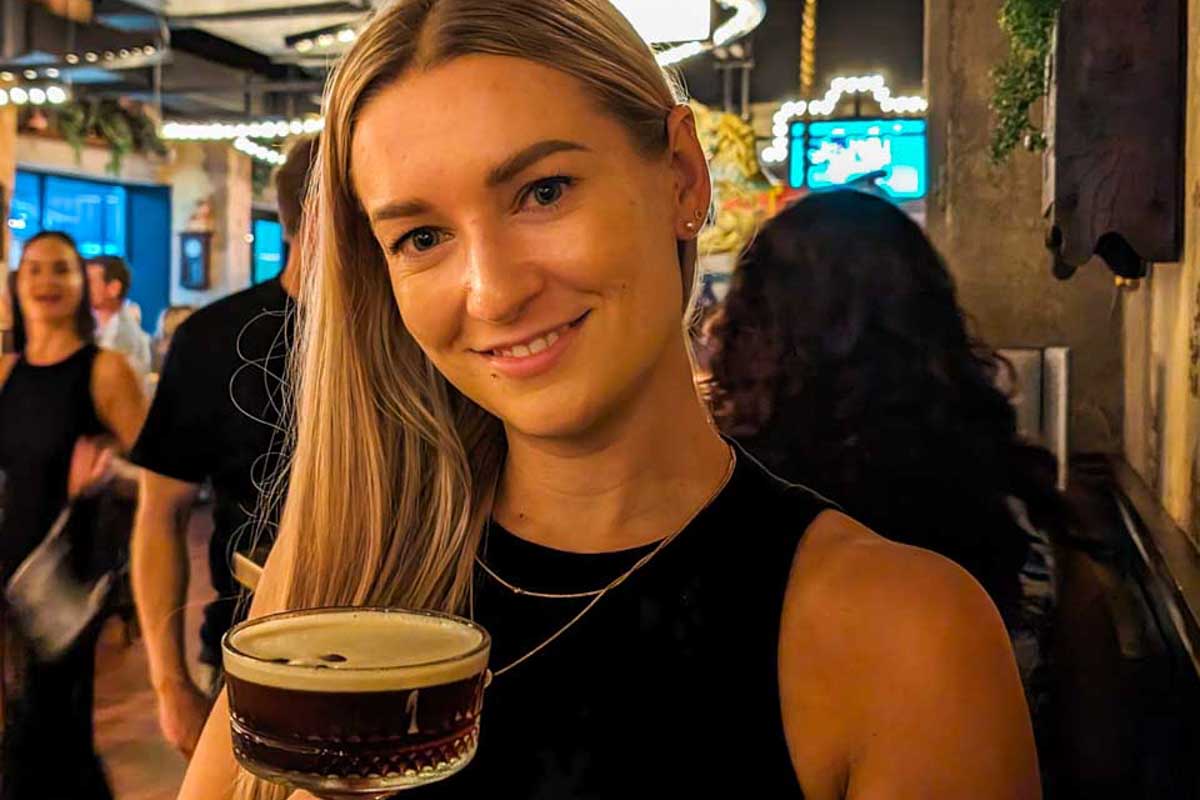 Bailey-enjoys-a-cocktail-while-out-on Catalina Island California