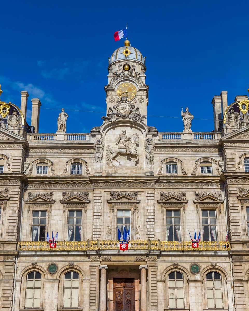 Facade of the historic Hotel de Ville (town hall) in Lyon, France