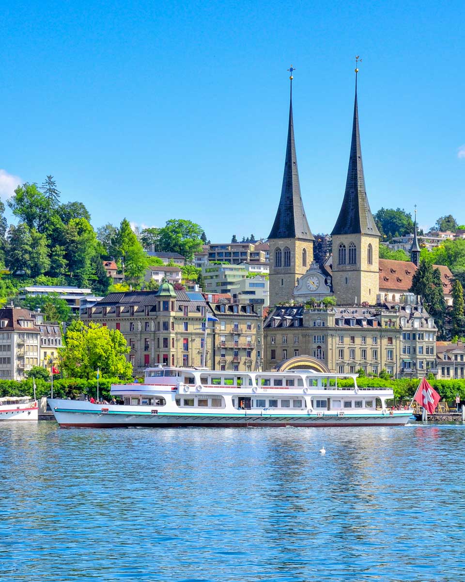 Lake Lucerne Waterfront in Lucerne Switzerland and boat