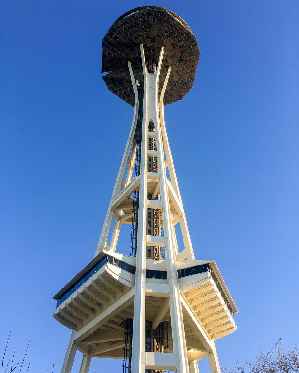 Looking up at the Space Needle in Seattle Washington