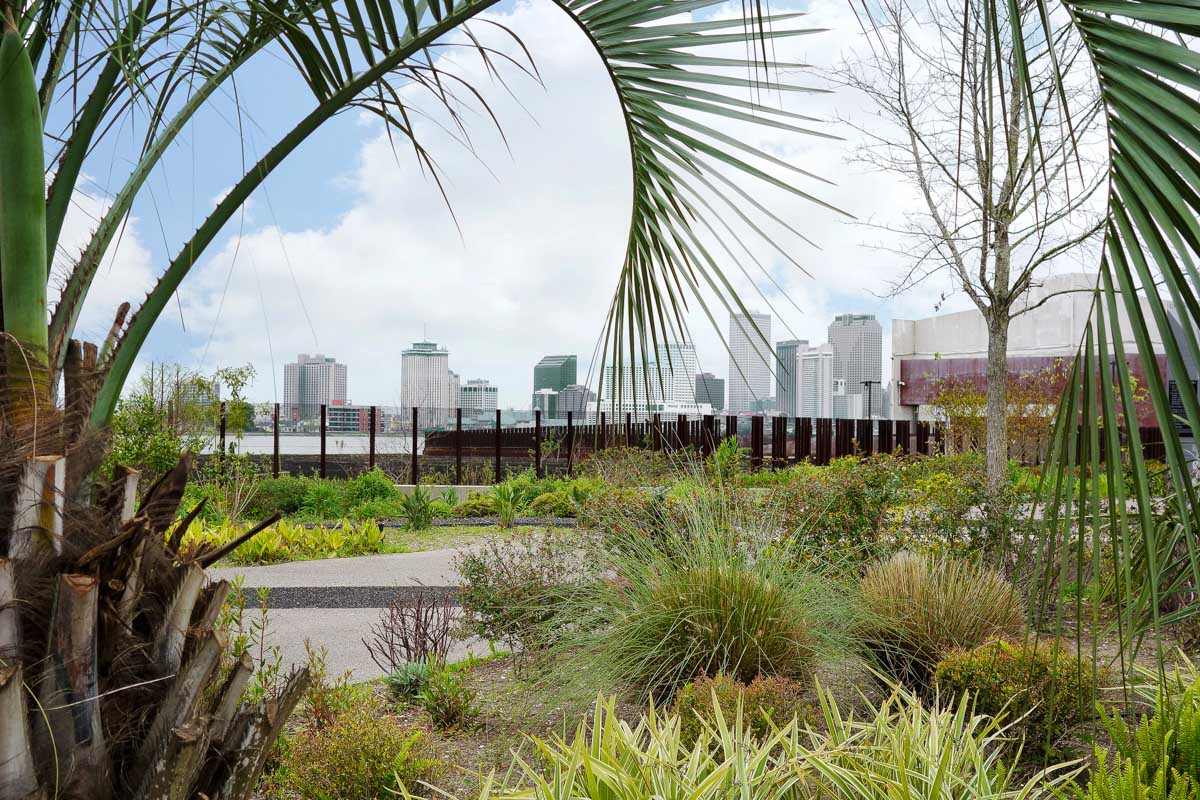 New Orleans skyline view from Crescent Park Louisiana