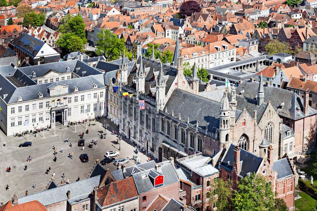 Panorama of aerial view of Bruges Belgium from the Belfry