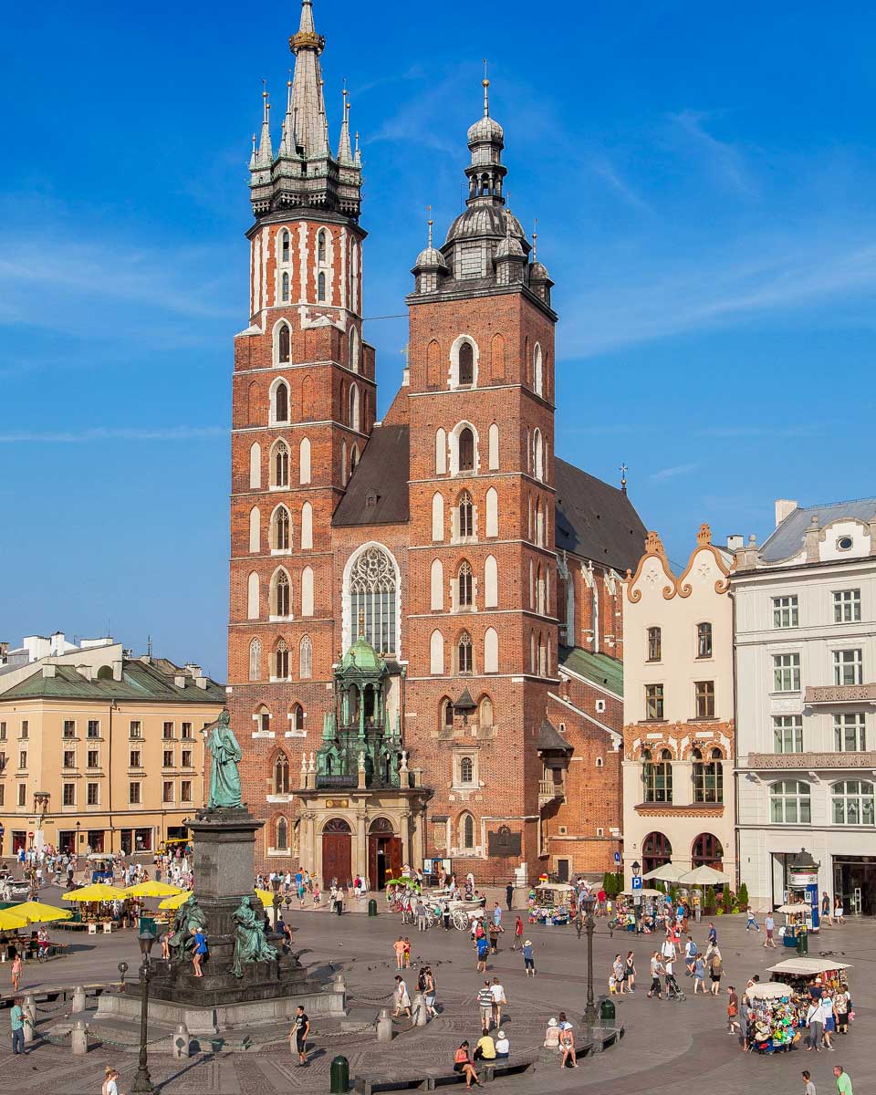Rynek Główny and St Marys Basilica in Krakow Poland
