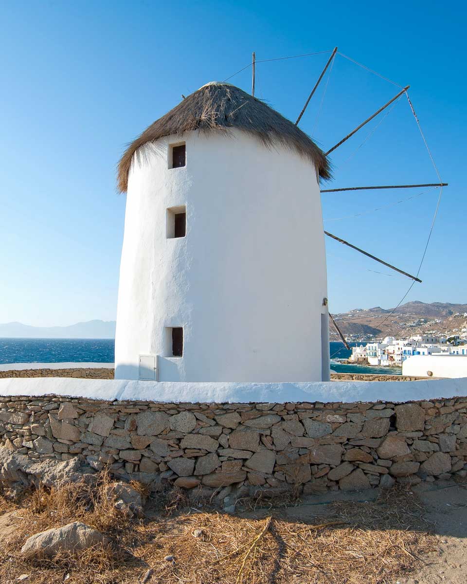 The Kato Milli Windmills seen on a tour of Mykonos Greece