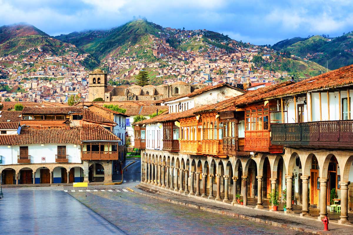 View of the traditional colonial style houses in Cusco Old town, Peru