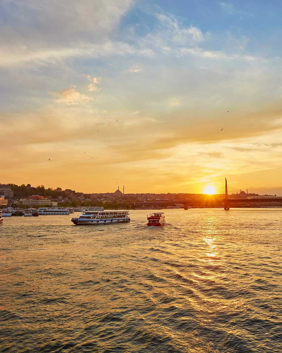 Bosphorus Straight at sunset on a cruise in Istanbul Turkey