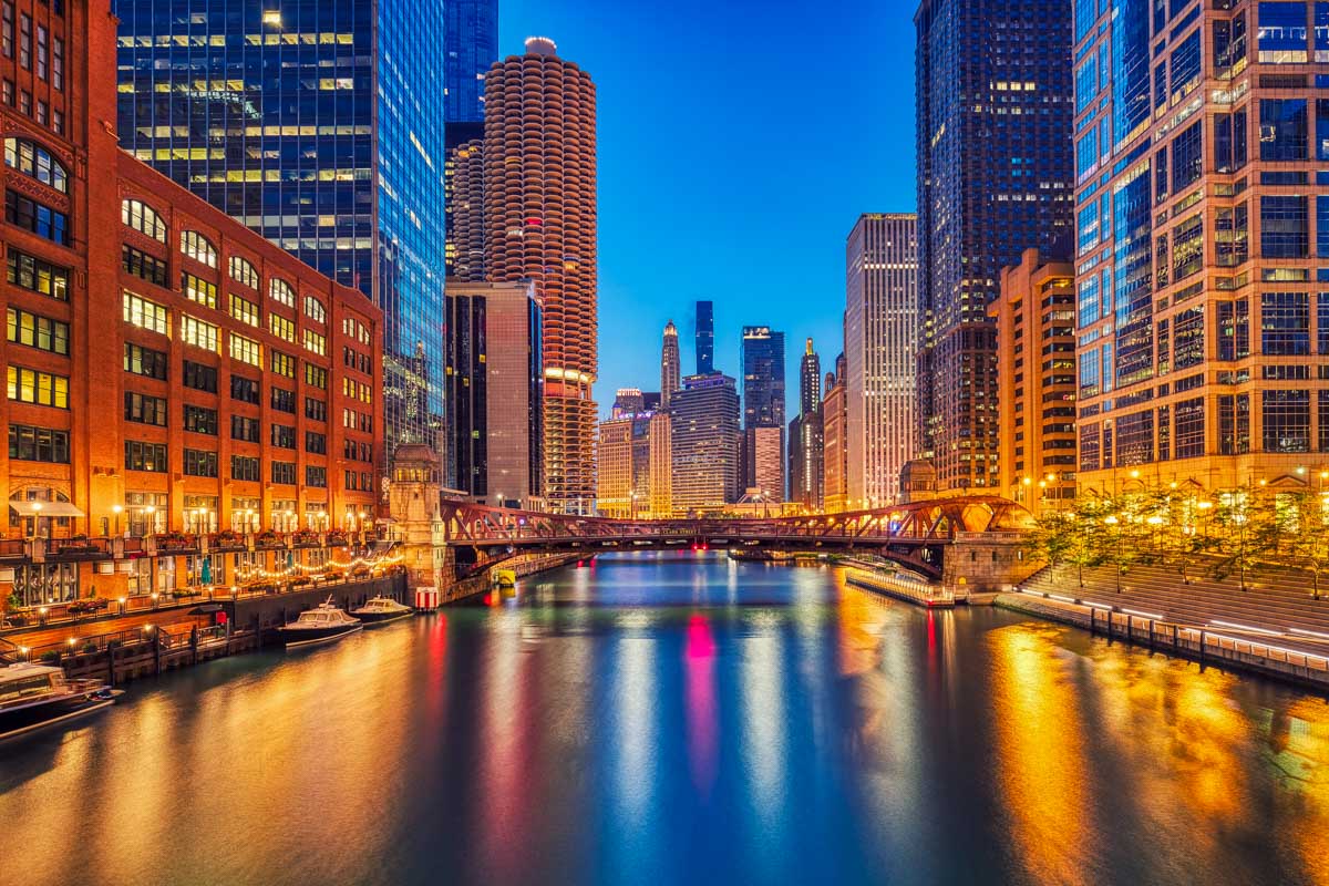 Chicago Downtown Cityscape with Chicago River at Dusk on a sunset cruise in Chicago Illinois