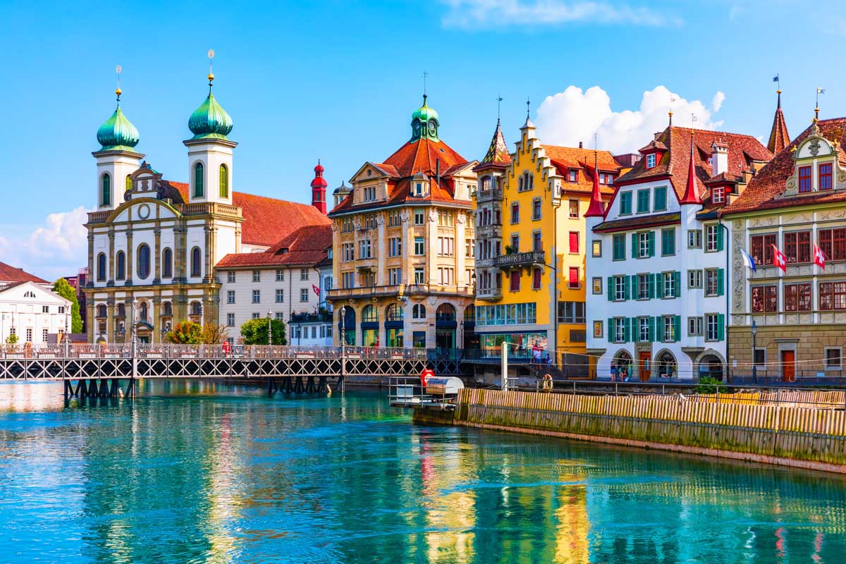 Colorful houses along the riverbank of Old Town Lucerne