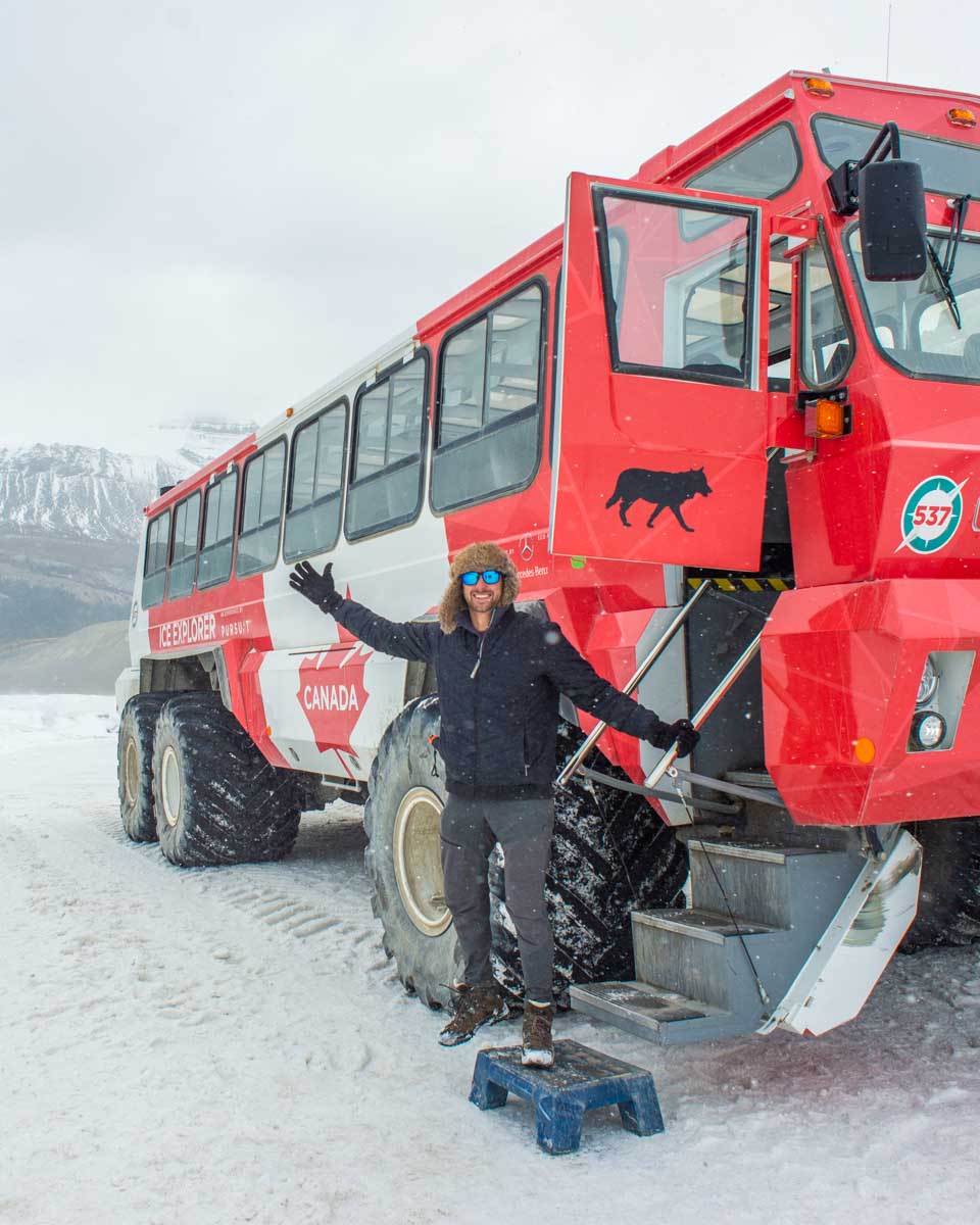 Daniel-on-one-of-the-large-Ice-Explorers-on-the-Athabasca-Glacier-on-a-tour-from-Lake Louise