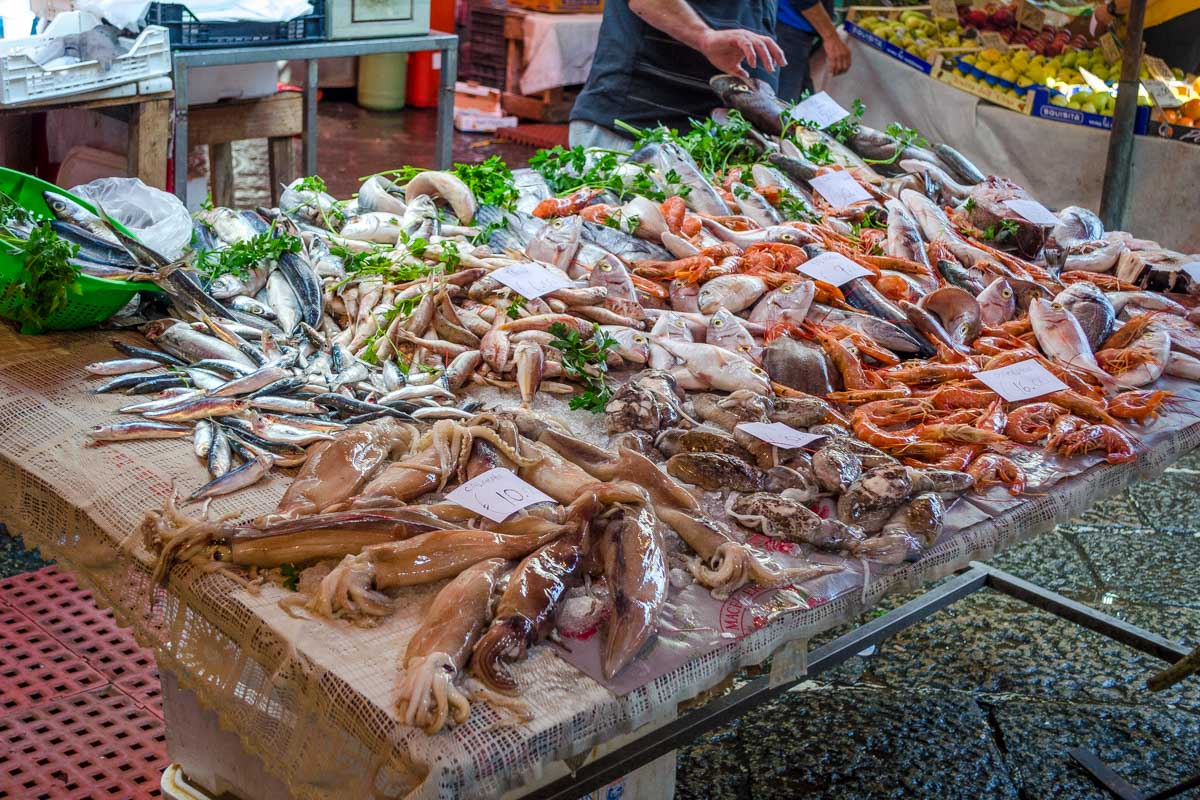 Different fish at the La Pescheria in Catania Sicily