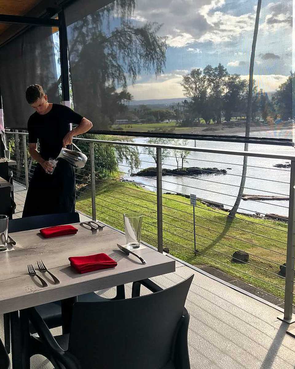 Eating lunch on the patio of Hilo Bay Cafe on the Big Island of Hawaii