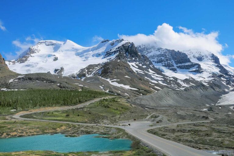 Mountains by Athabasca Glacier from Lake Louise Canada