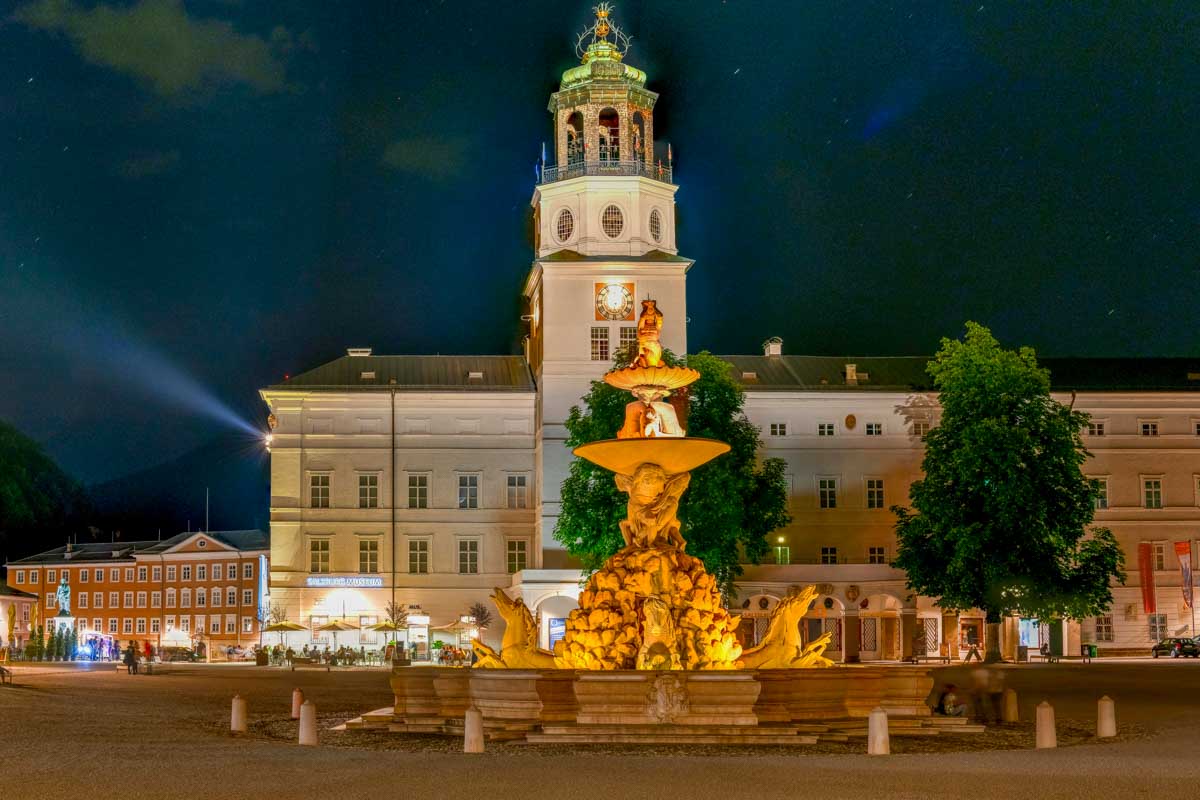 The Salzburg Museum at night in Old Town Salzburg Austria