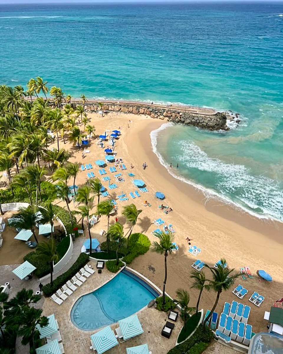 Aerial view of La Concha Resort and the beach in San Juan