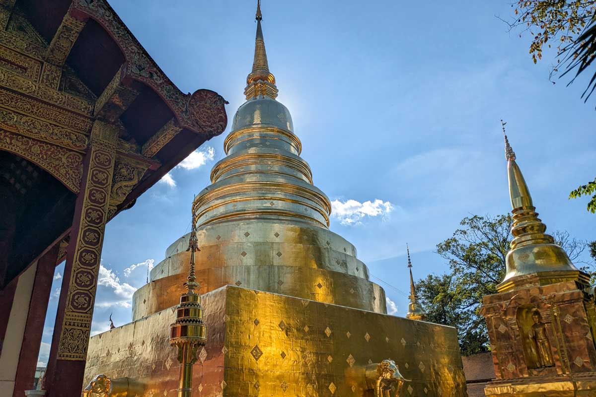 Gold plated stupa temple at Wat Phra Singh in Chiang Mai Thailand