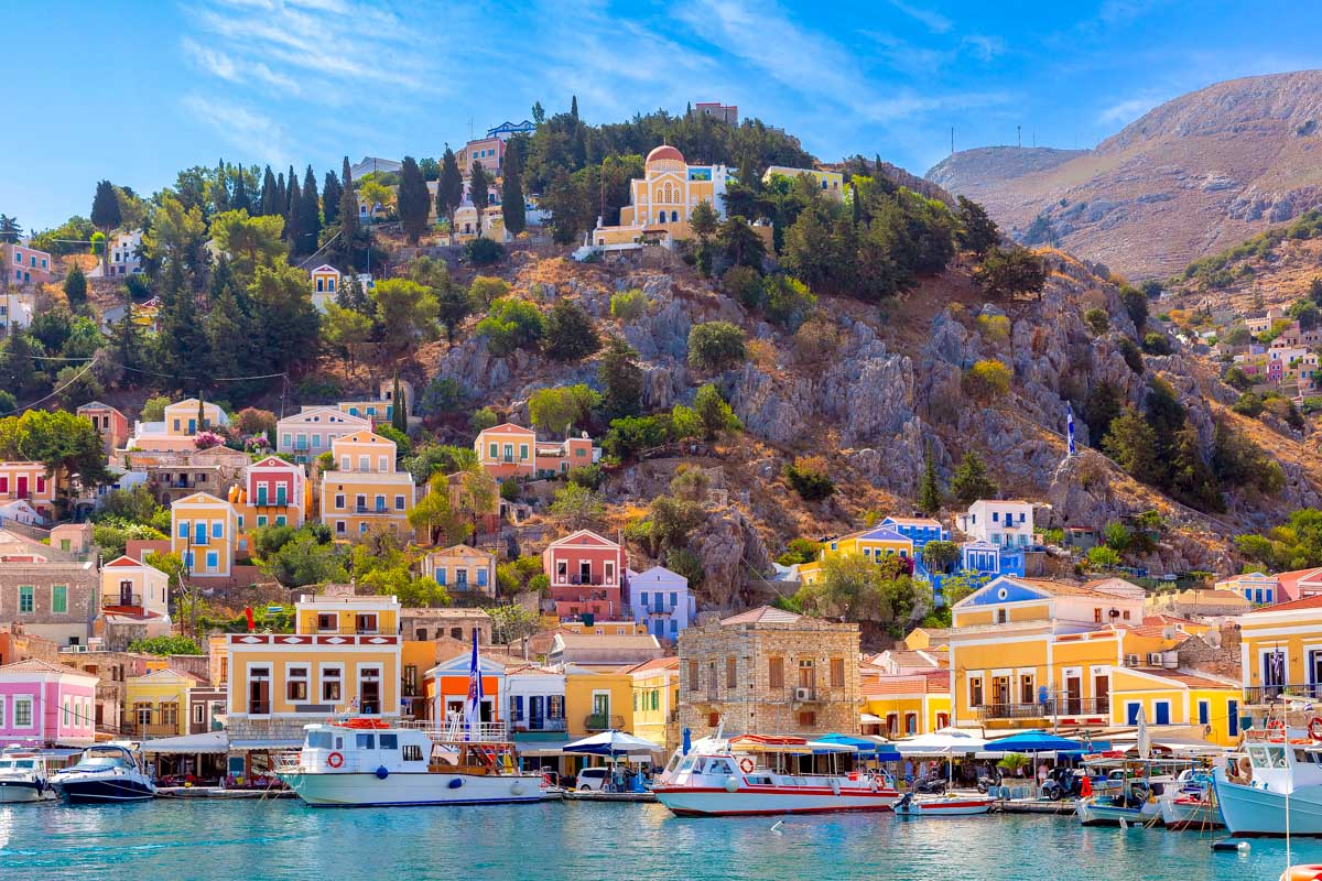 Symi Island harbor seen on a tour from Rhodes Greece