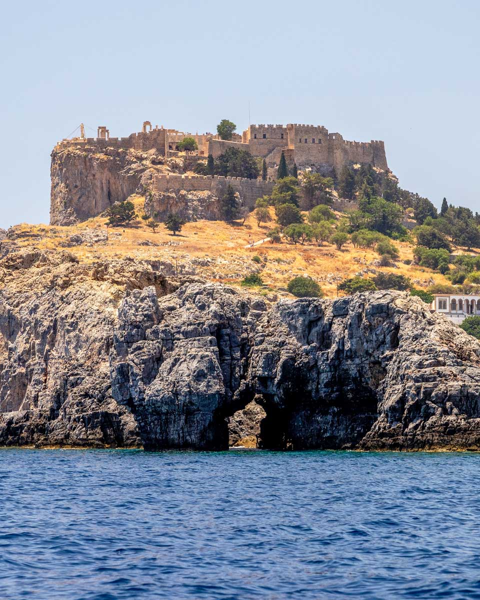 The Acropolis of Lindos seen on a boat tour from Rhodes Greece