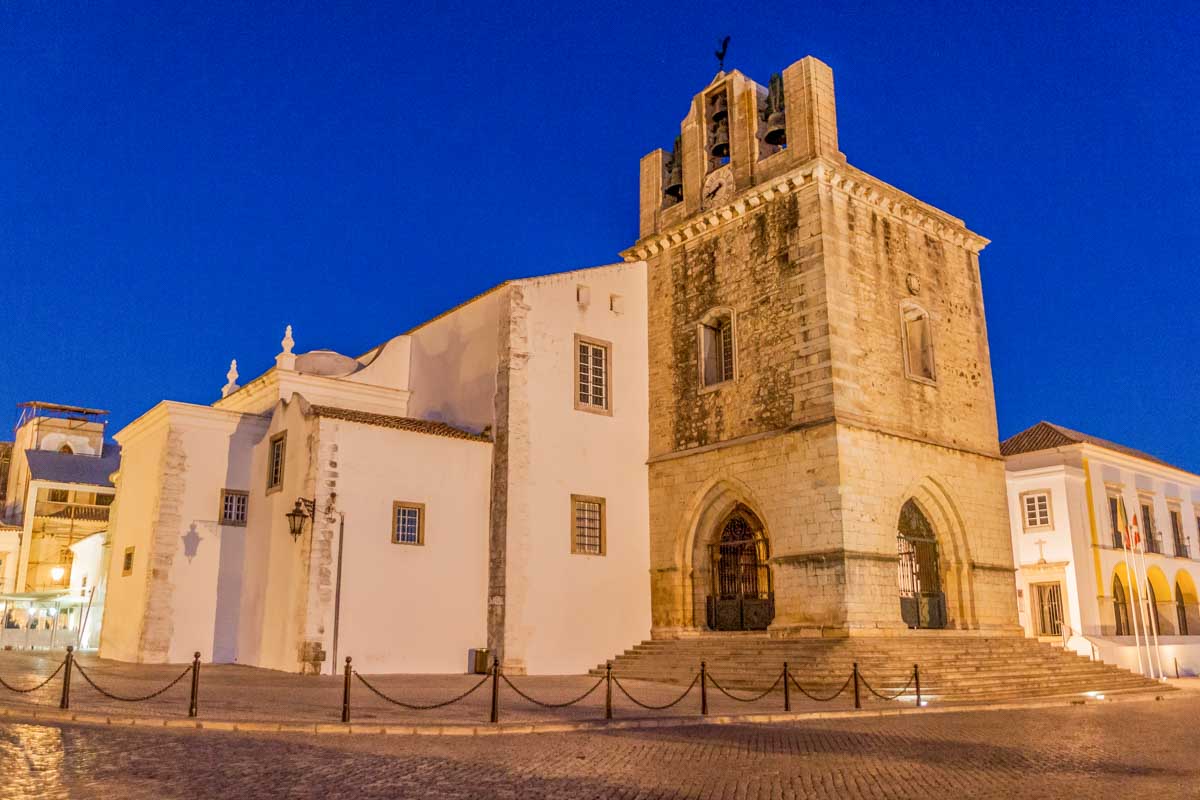 The Cathedral of Faro seen at night in Faro Portugal