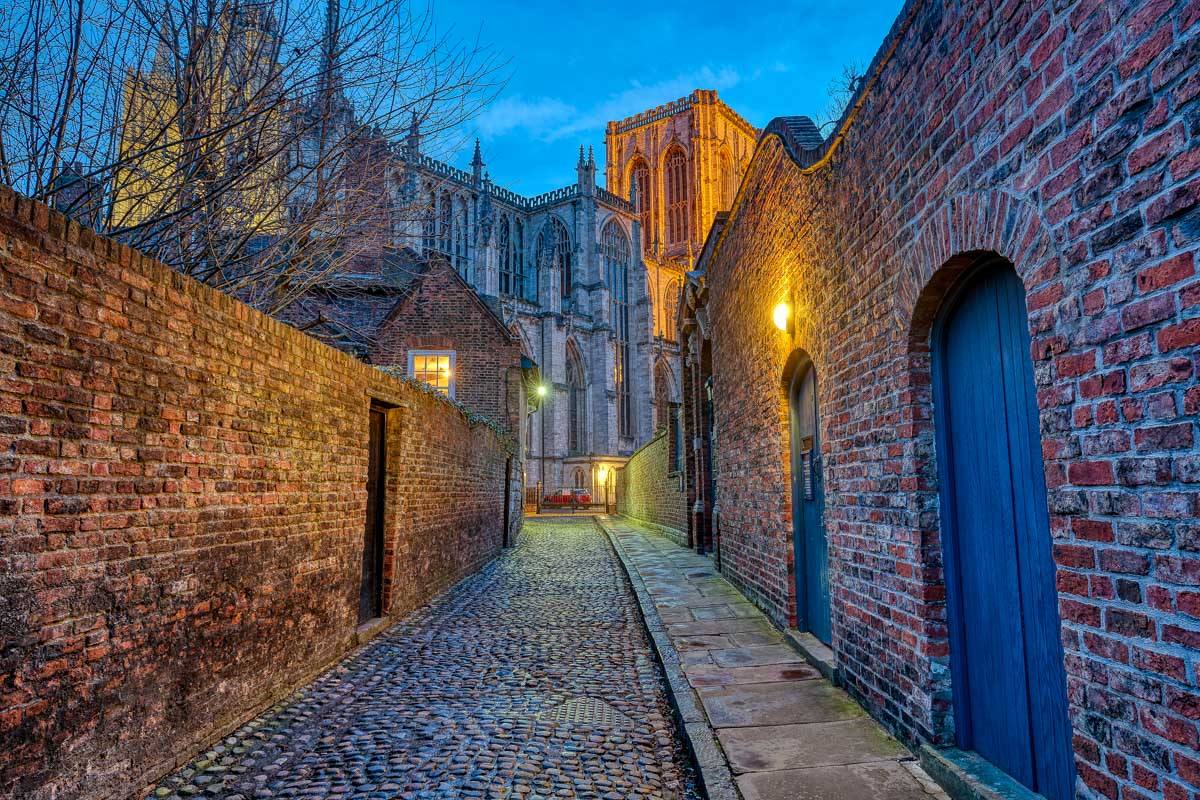 The streets of York in the United Kingdom at night