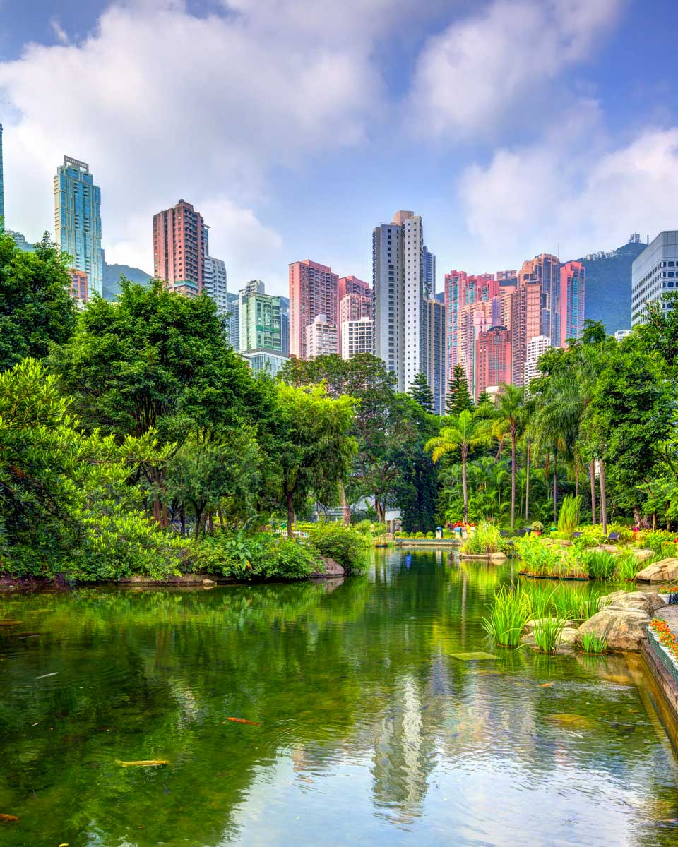 View of Pond and buildings in Hong Kong Park China