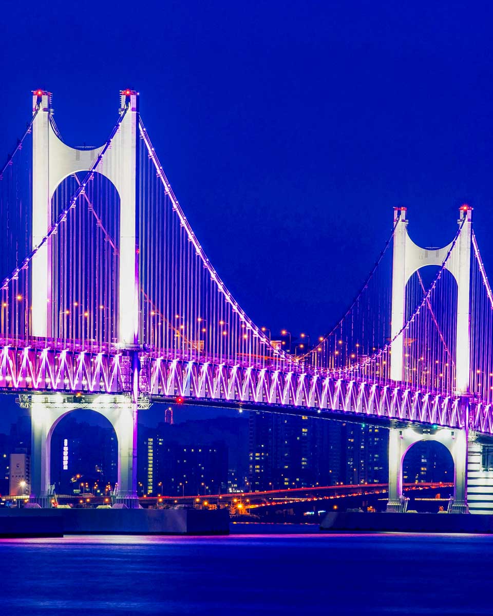 busan harbor bridge at night seen on a tour of Busan South Korea