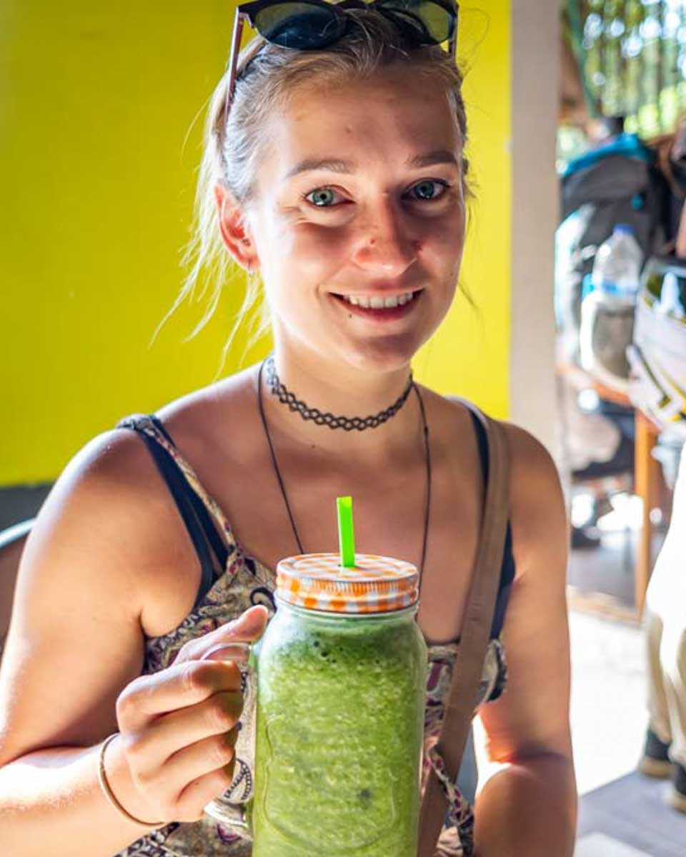 Bailey drinks a smoothie in Playa del Carmen Mexico