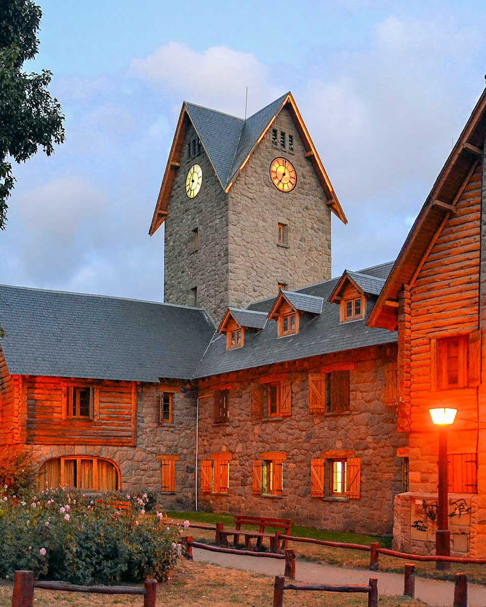 Buildings and the clock tower in Centro CÃvico square Bariloche Argentina