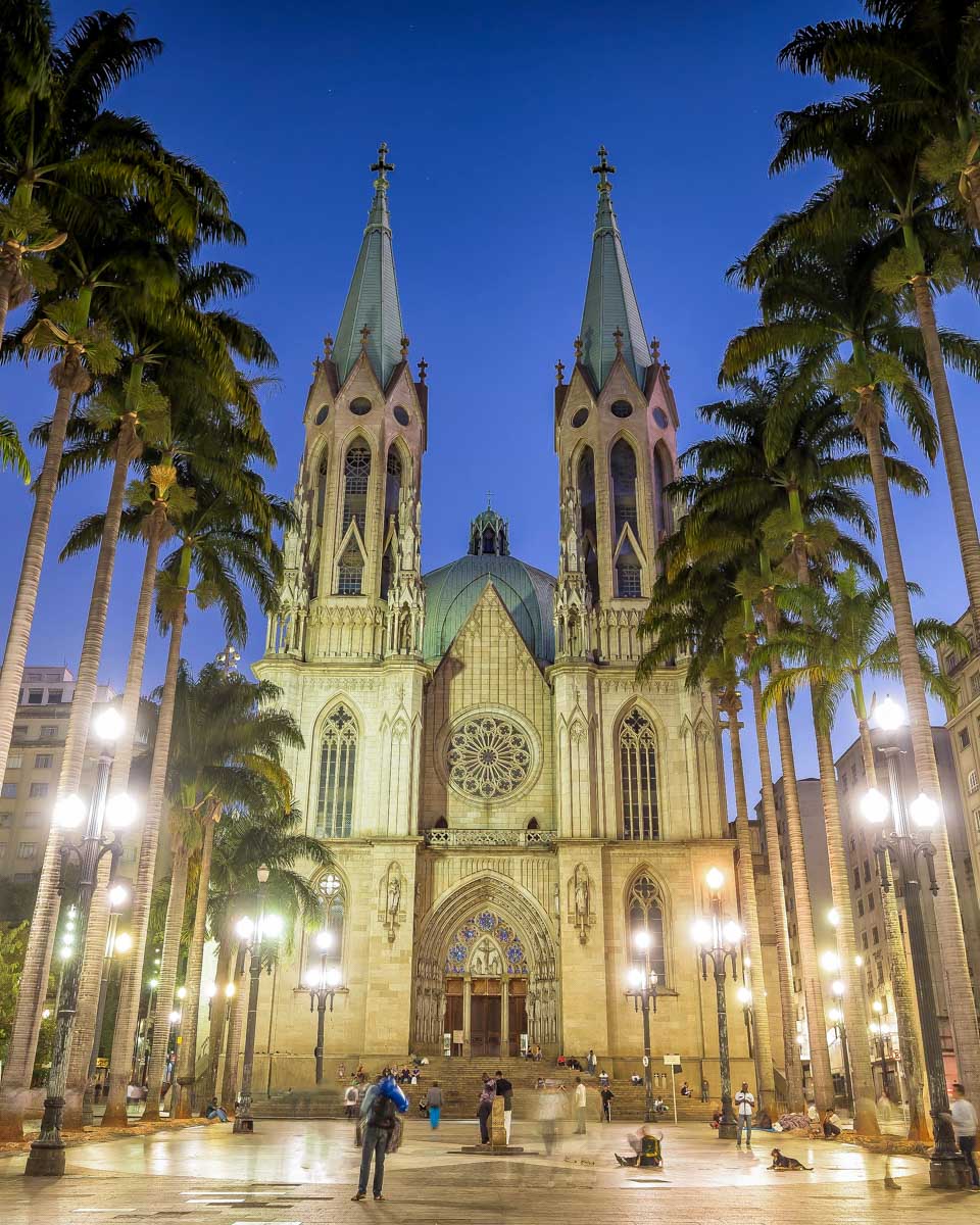 Se Cathedral in downtown Sao Paulo Brazil at night on a bike tour